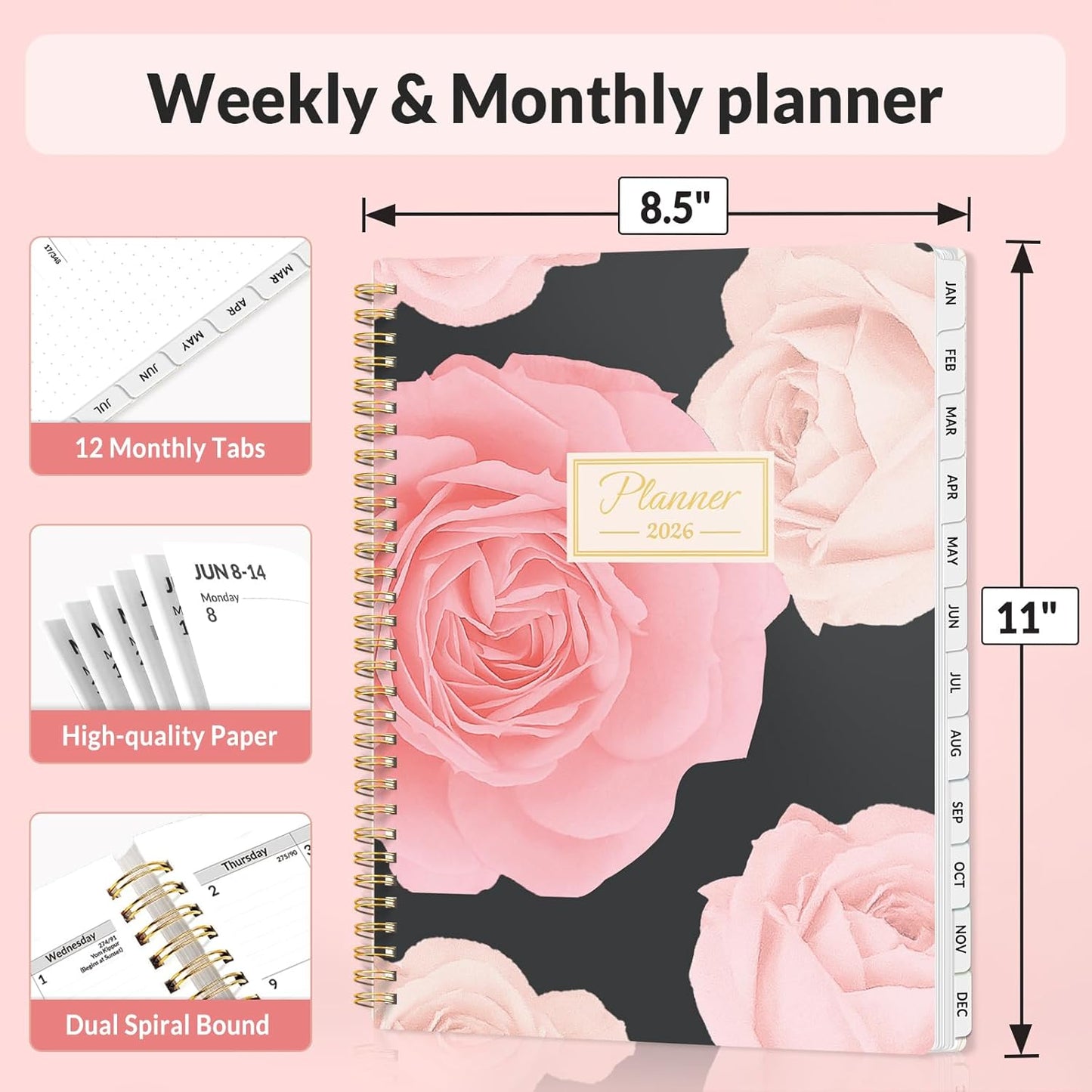 SUNEE Planner 2026 Weekly and Monthly, January 2026-December 2026, 8.5"x11", Tabs, Note Pages,Spiral Binding, Colorful Flowers