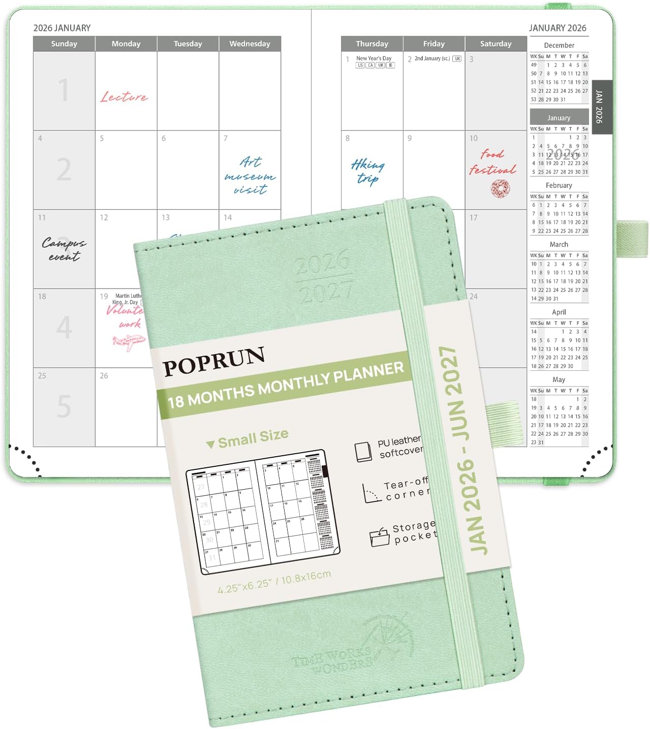 POPRUN Pocket Monthly Planner 2026-2027 (Pocket- 4''x 6.25'' Soft Leather Cover) - 18 Month Calendar Book for Purse (Jan.2026 - Jun. 2027), 100 GSM Thick Paper - Green