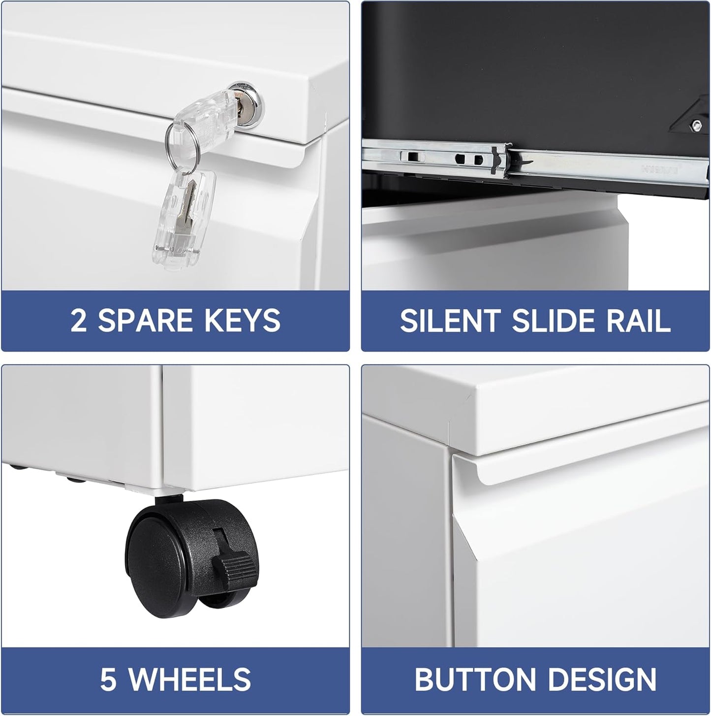 2 Drawer Mobile File Cabinet with Lock for Home Office, Small Rolling Cabinet for Legal/Letter/A4 (White)