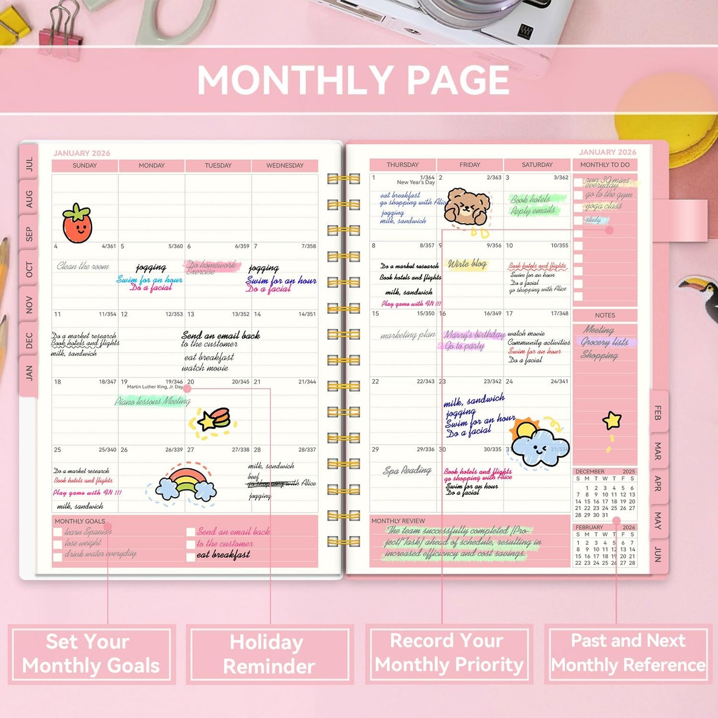 Planner 2025-2026 Weekly and Monthly, Academic Planner 2025-2026 for Teacher & Student, AIMPEAK Calendar Planners for Women, Daily Planners run from Jul.2025 - Jun.2026, Monthly Tabs, Pink, 5.5"x8.5"