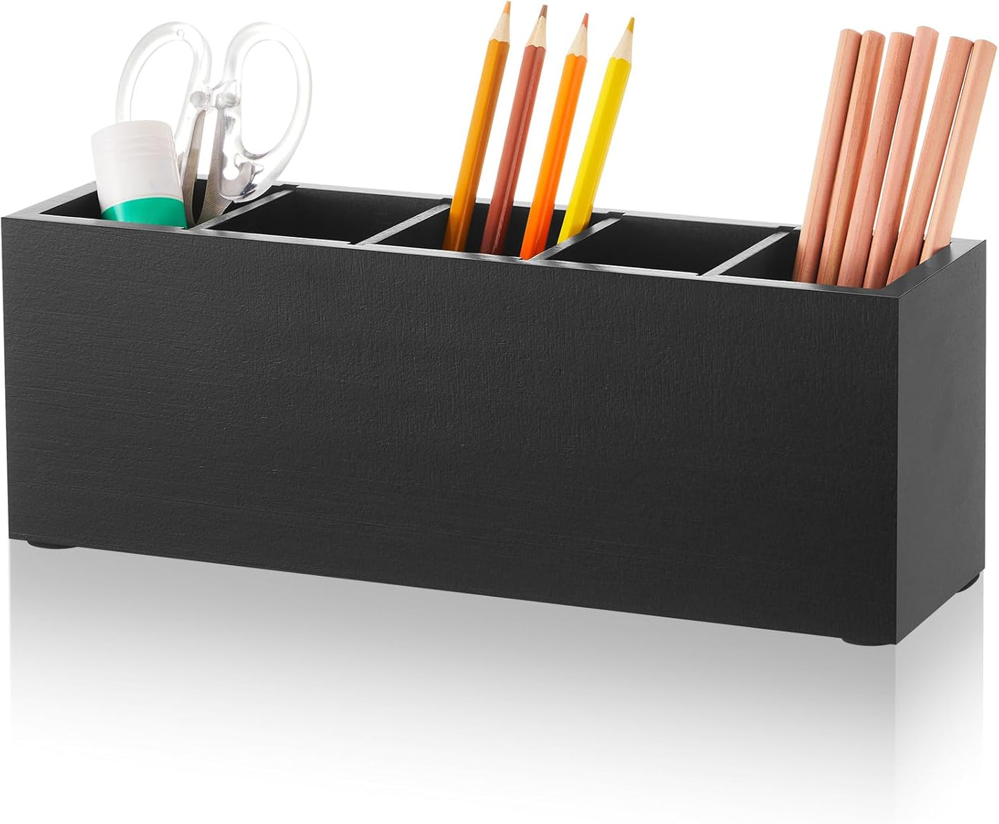 Jetec Wooden Pencil Holder 5 Compartments for Desk Adjustable Pen Holder Wood Office Desk Organizers and Accessories Makeup Brush Organizer for Pen, Home, Office and Art Supplies(Black)