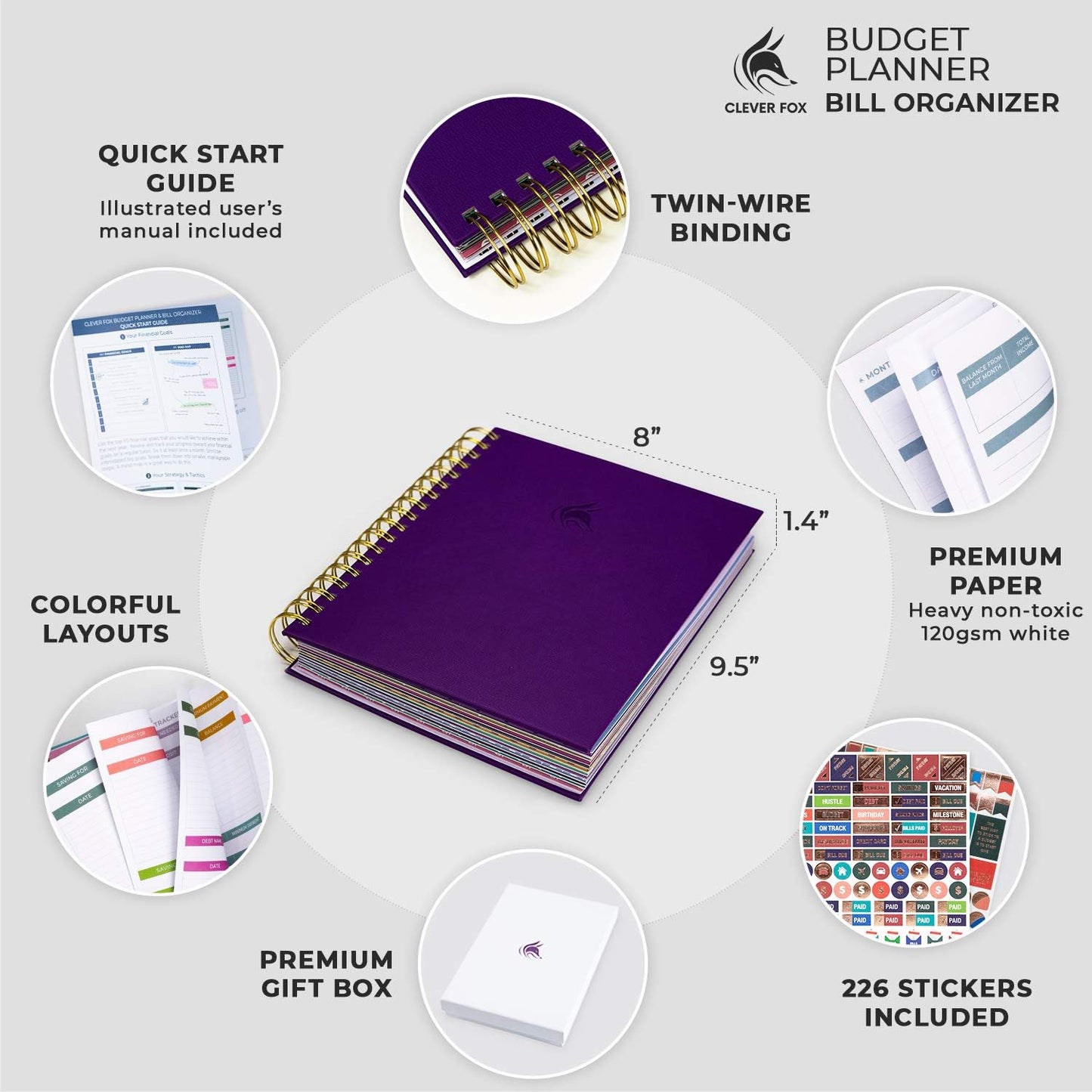 Clever Fox Budget Planner & Monthly Bill Organizer with Pockets. Expense Tracker, Budgeting Journal & Financial Book. Large, 8x9.5" (Purple)