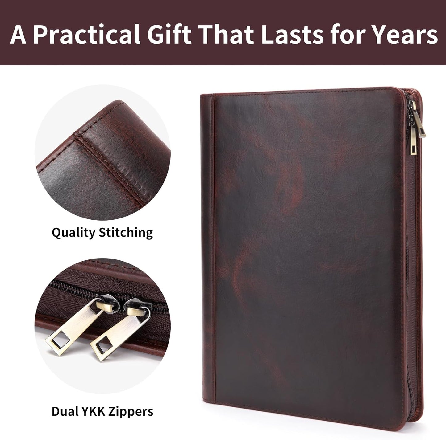 Genuine Leather Portfolio for Women and Men, 8.5 x 11 Legal Pad Padfolio, Zippered Notebook Organizer for 13” Laptop, Business Executive Professional Folio for Work, Dark Brown, Oil Tanned