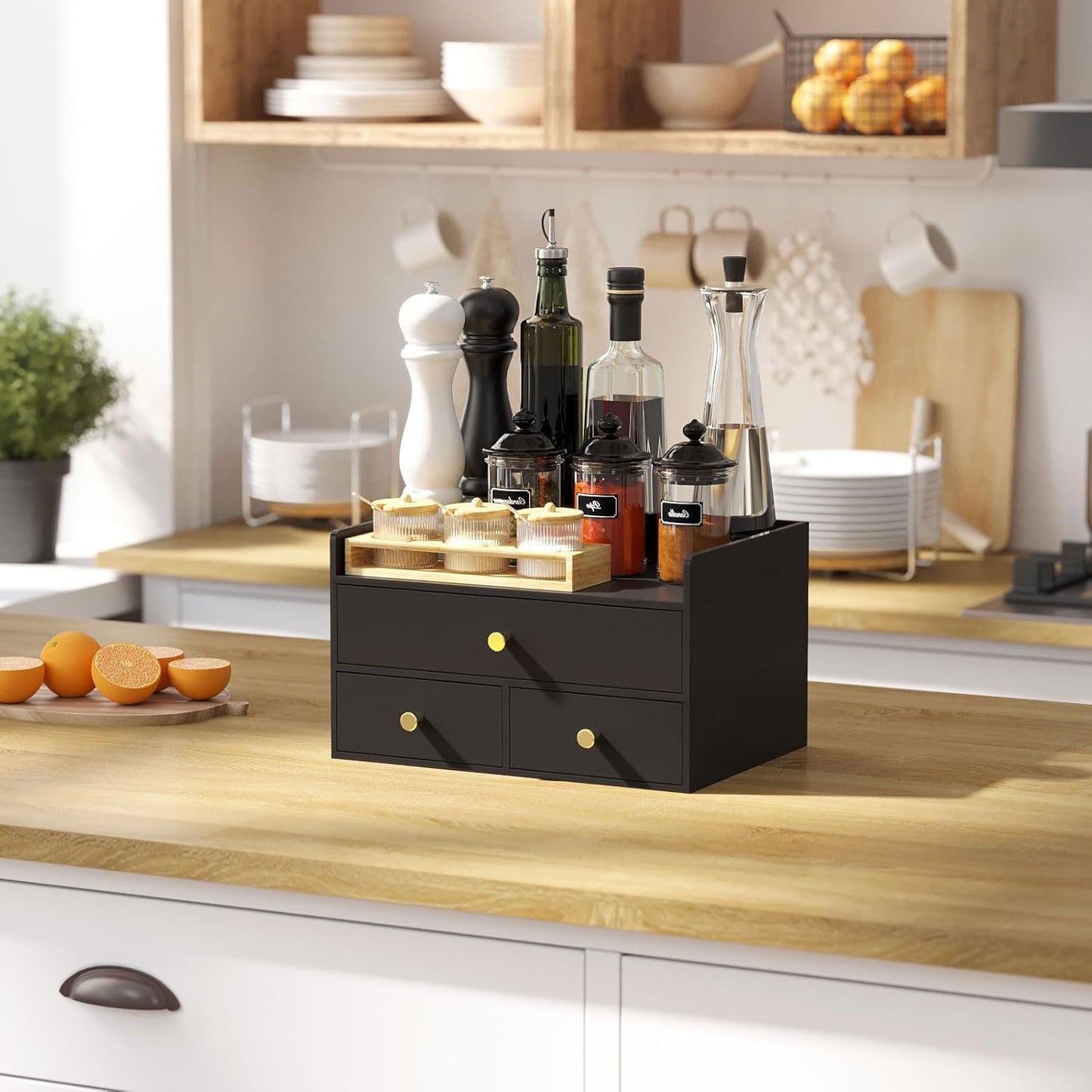 Bamboo Desk Organizer with Drawers Wooden Desktop Storage Organization Box for Bills Office Supplies Kitchen Utensils Organizing Tool for Home Classroom Vanity, No Assembly Required (3 Drawers, Black)