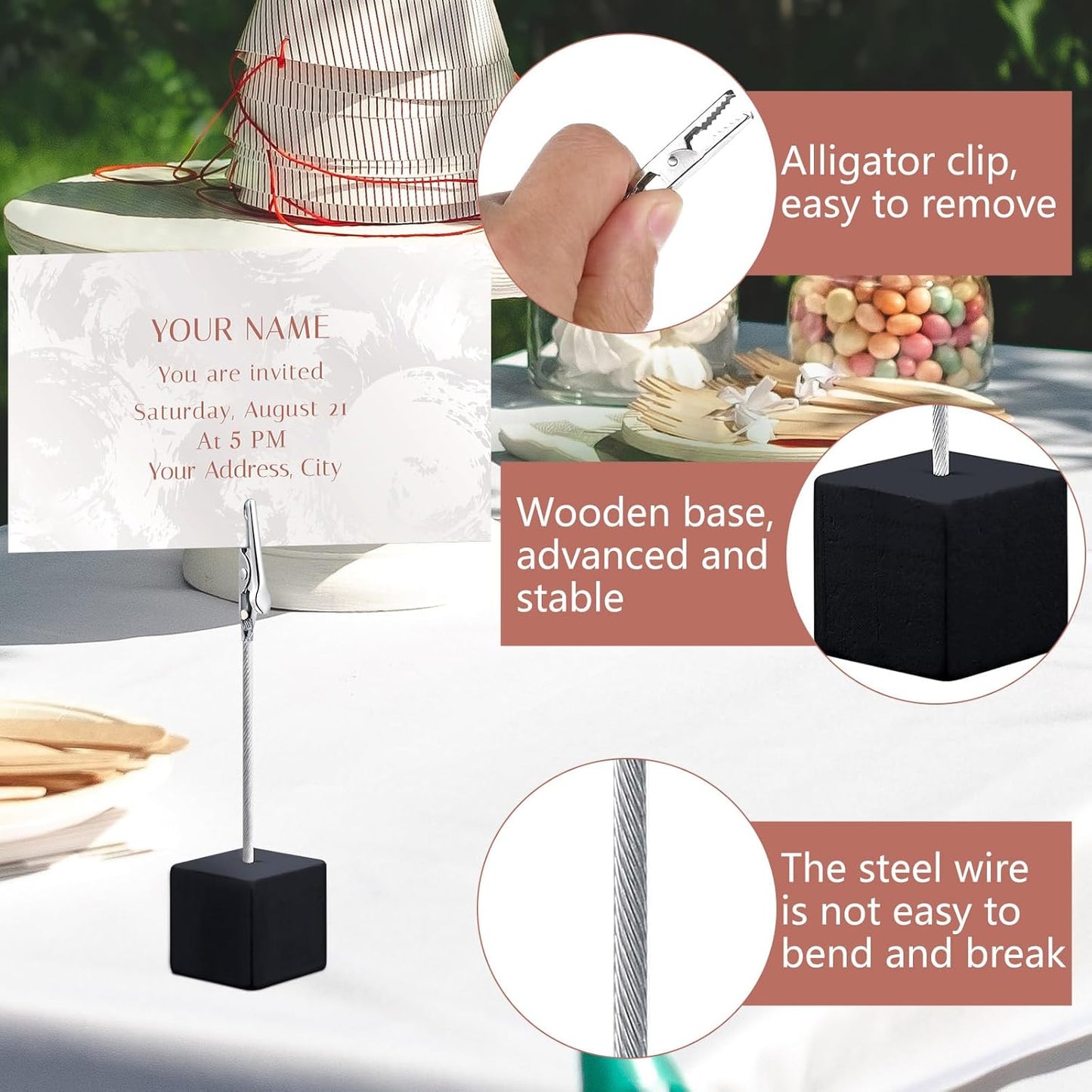 24 Pcs Wooden Memo Clips Holder Lightweight Wood Cube Base with Alligator Clip Clasp Mini Photo Holder Clip Menu Holder for Displaying Number Card (Black)