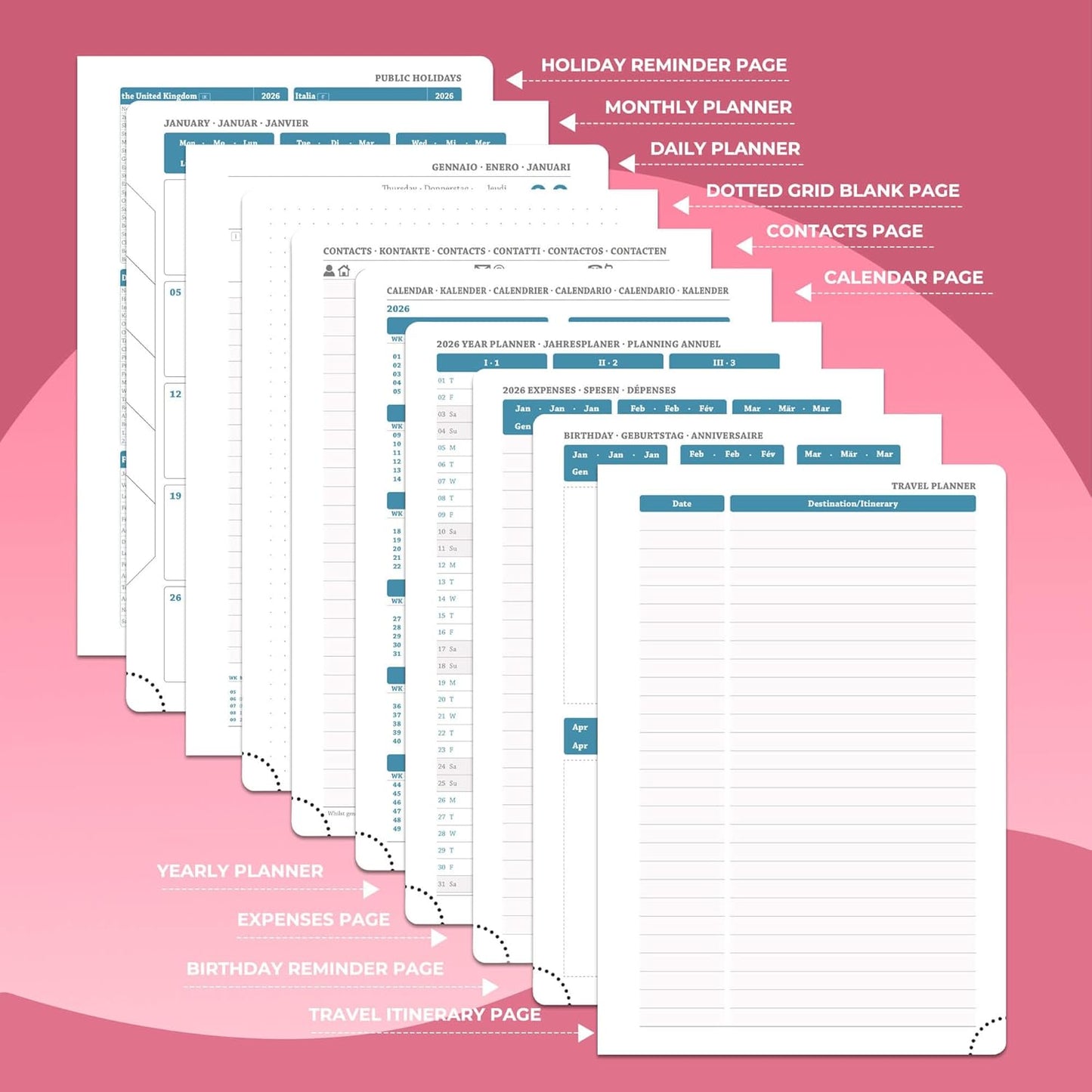 Daily Planner 2026 with One Page Per Day,(A5-8.5" x 5.9"),12 Months Calendar Hourly Appointment Book Monthly Tabs & Self-adhesive Pen Holder,Inner Pocket, Vegan Leather Hardback,Rose Red