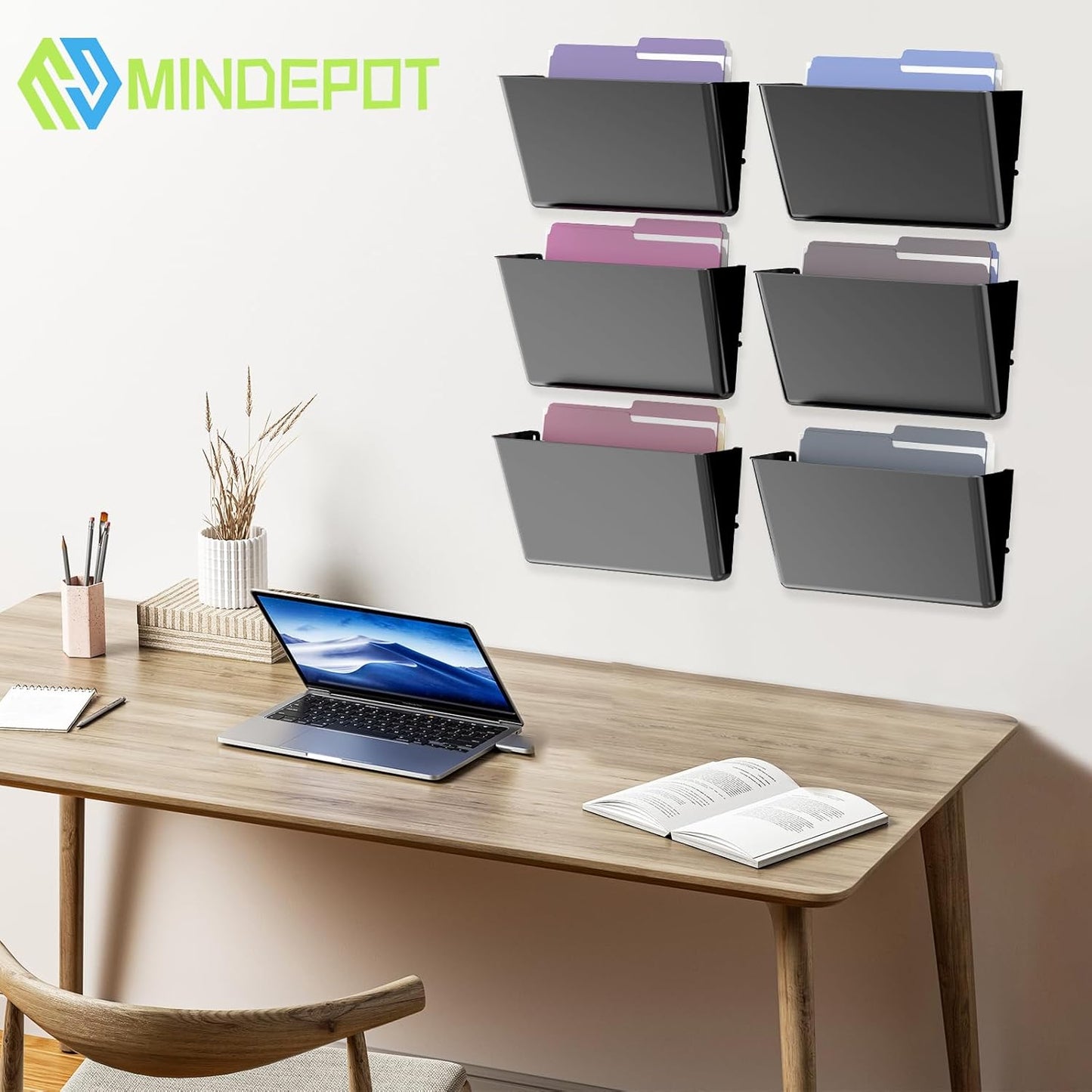 6 Pockets Acrylic Wall File Organizer, Clear Wall File Holder, Plastic Hanging Wall File Holder for Office, School and Home, Black