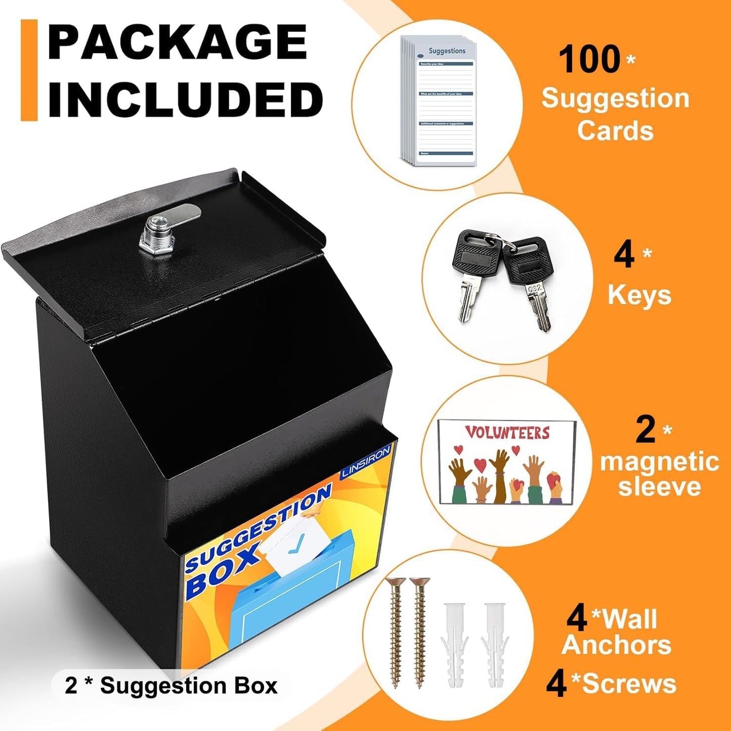 Suggestion Box with Slot and Lock 2 Pcs Metal 8.4 x 5.8 x 7.0 in Built-In Storage Compartment with Magnetic Sign Holder 100 Suggestion Card Tip Jar Ballot Voting Prayer Comment Mailbox