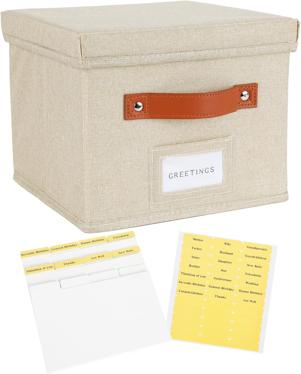 Greeting Card Organizer with dividers - Storage Box with lid Holds 150+ Cards - Assortment Box for Greeting Cards,Recipes, Photos, Envelopes, Keepsake - 9 x 9 x 7 Inches (Beige, 1 pcs)