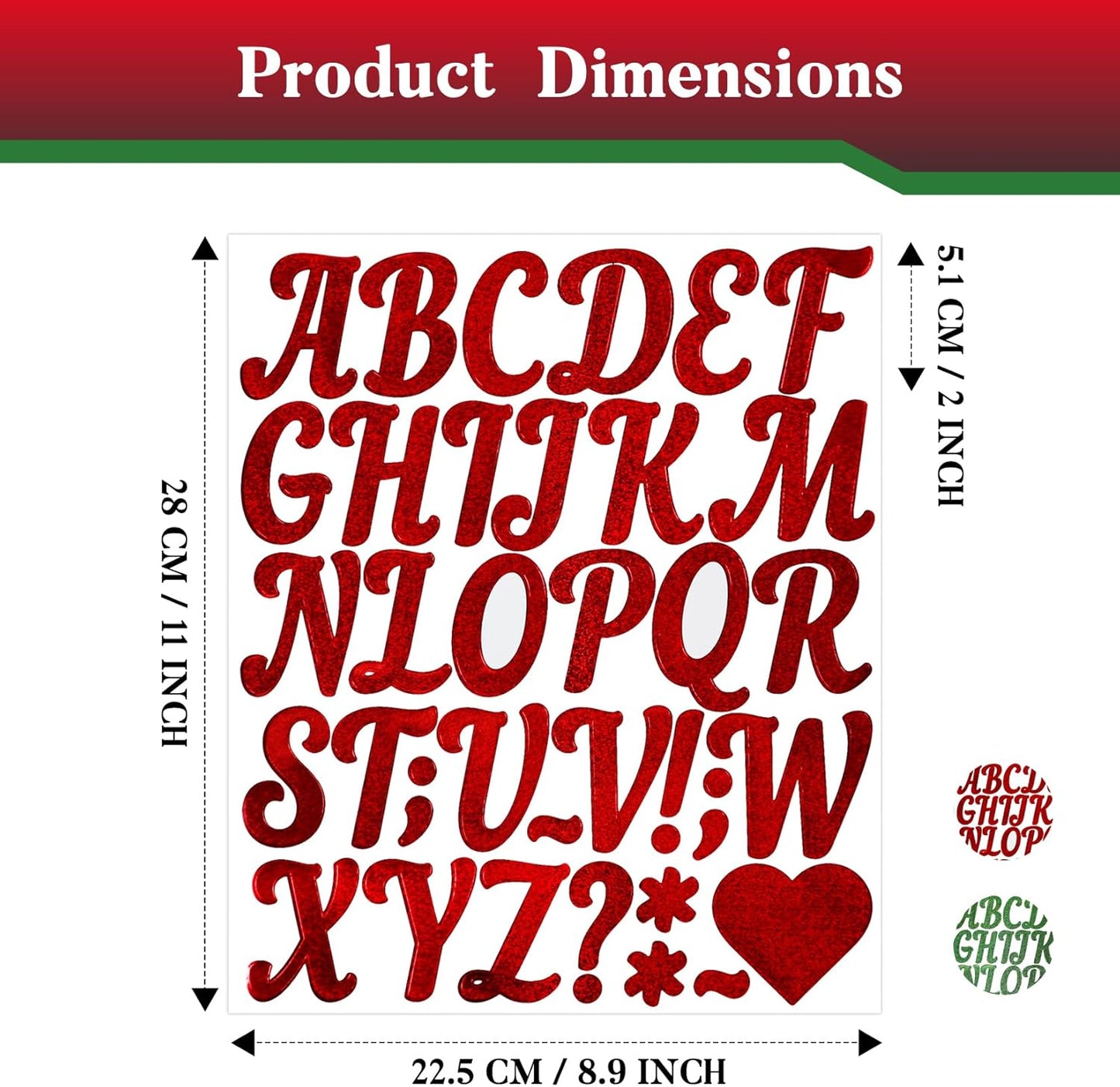 Glitter Letter Stickers,10 Sheets 2 Inches Self-Adhesive Vinyl Letters Alphabet Sticker Decals for Scrapbook,Door,Mailbox,Bulletins Boards - Green,Red