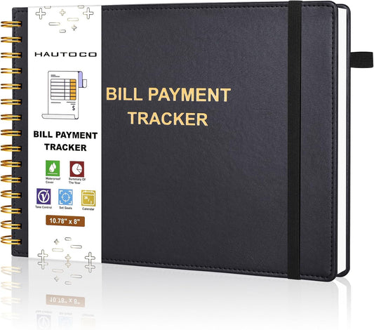 HAUTOCO Hardcover Bill Tracker Notebook Horizontal Monthly Bill Payment Organizer for Personal Budgeting Home Finance with 2 Storage Pocket Expense Checklist Tracking Planner 10.78 x 8'', Black