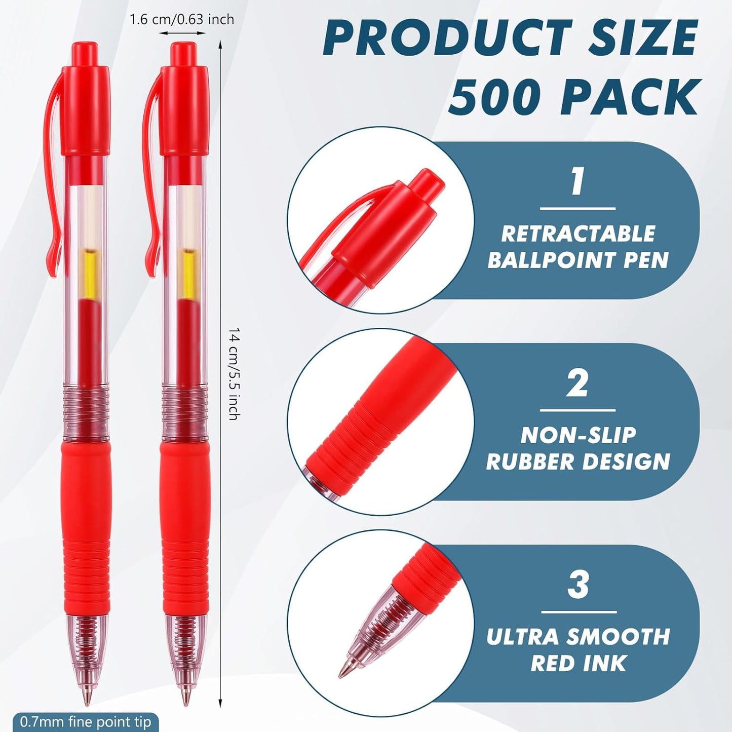 Jetec 500 Pcs Premium Gel Roller Pens Bulk, Fine Point 0.7 mm, Retractable Gel Ink Roller Ball Pens for Writing Journaling Taking Notes Office (Red)