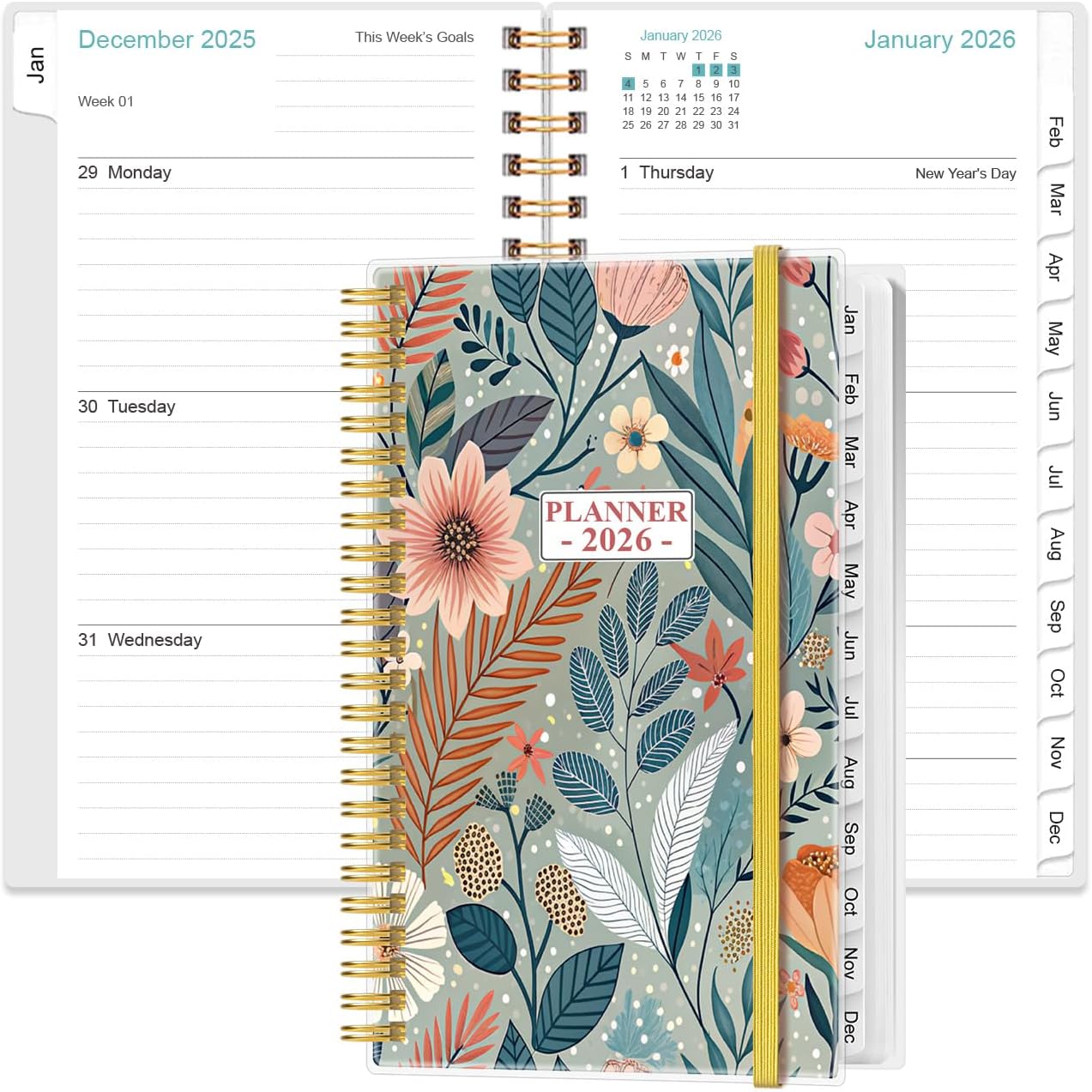 2026 Pocket Planner/Calendar - 2026 Planner from January 2026 - December 2026, Planner 2026 with 12 Tabs, Twin-Wire Binding, Inner Pocket, 3.75" x 6.75", Flower-A