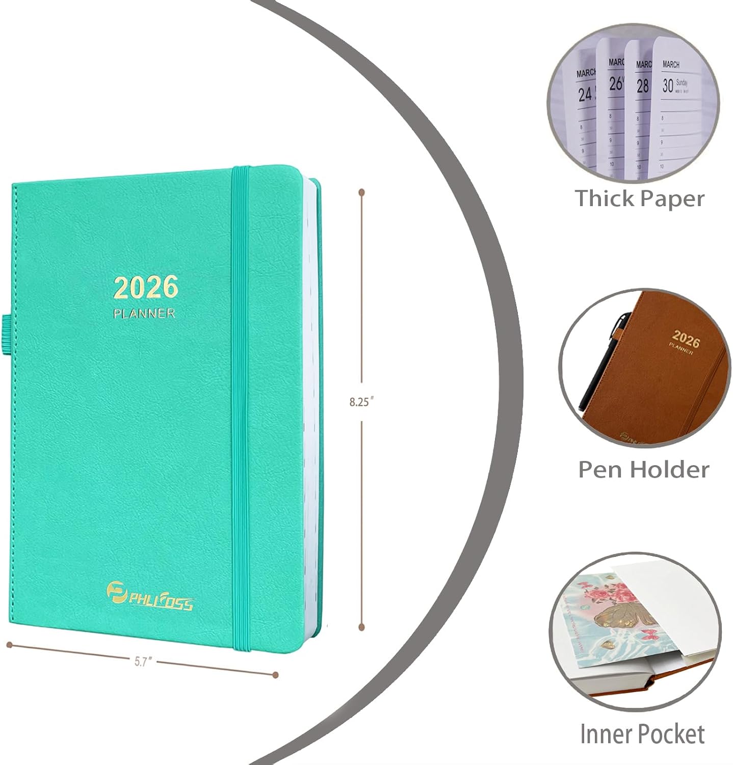 2026 Daily Planner/Calendar, One Page Per Day, Daily Monthly Agenda Planner with Time Slots and Monthly Tabs, Jan - Dec 2026, 5.7" x 8.25" Appointment Book, Pen Holder, Leather Cover (2026-Lake Green)