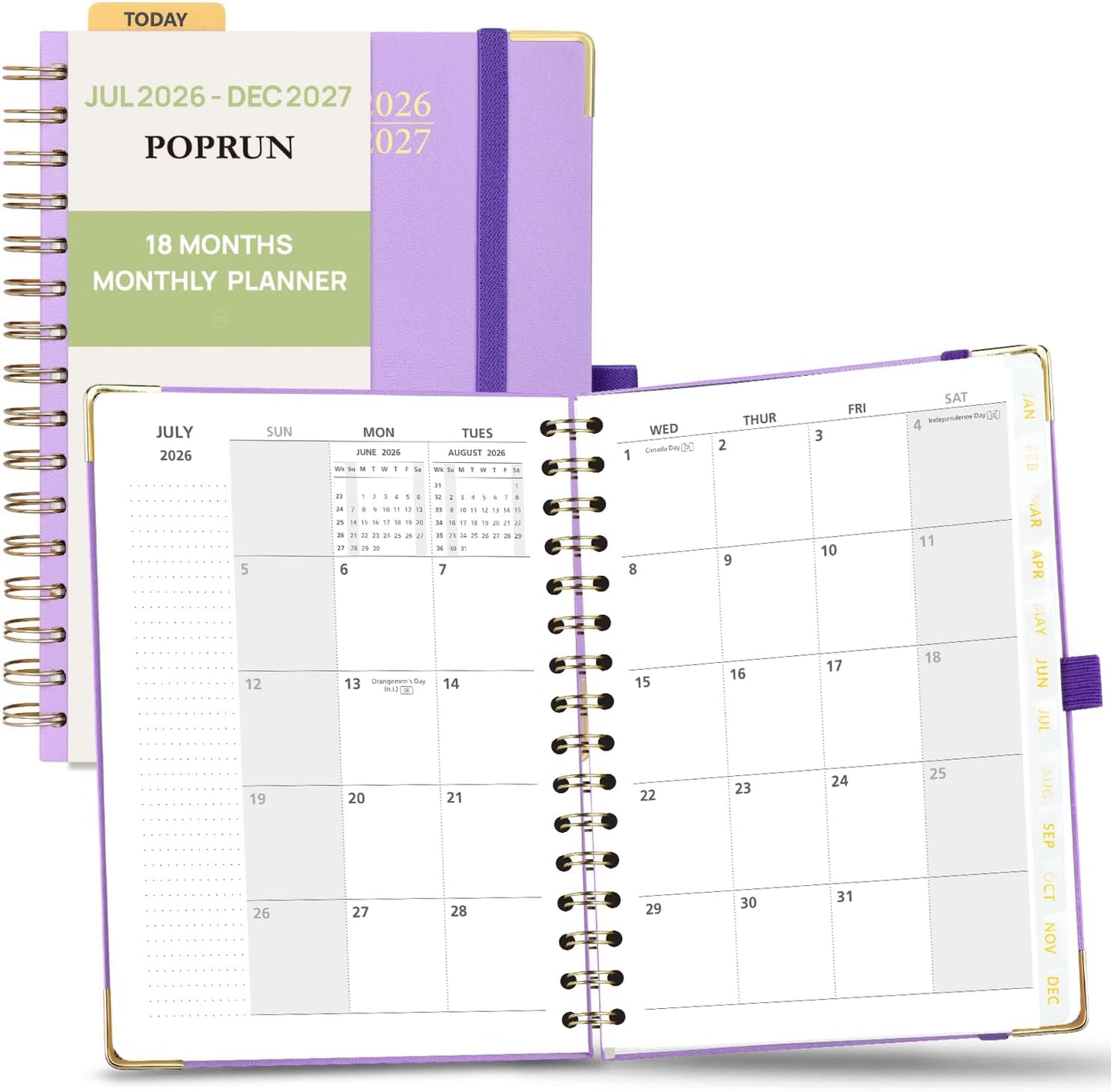 POPRUN Monthly Planner 2026-2027 Spiral Hardcover (6.25'' x 8.5''), 18 Months Calendar (Jan.2026-Jun.2027) - 2 Pages per Month with Dotted Note Pages, Sunday Start, Laminated Tab - Violet