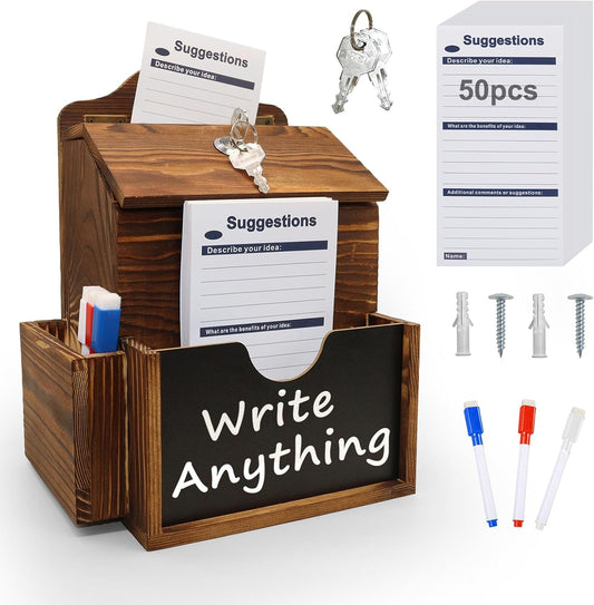Suggestion Box with 50 Suggestion Cards Wood Donation Box with Slot and Lock Prayer Boxes for Fundraising Tip Drop Ballot Boxes Wall Mounted with Chalkboard and Keys for Church Office