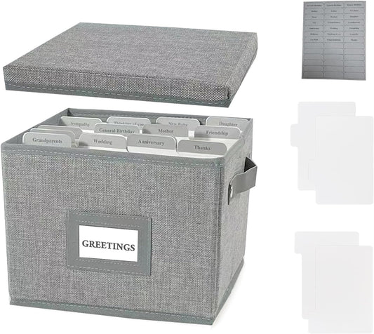 Greeting Card Organizer Box with 16 Dividers,Collapsible Greeting Card Storage Box with Handles Hold 150+ Cards,Greeting Card Holder for Greeting Cards,Sticker, Recipes, Photo, Envelope (Gray, 1 pcs)