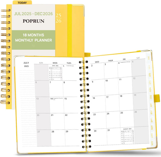 POPRUN Monthly Planner 2025-2026 Spiral Hardcover (6.25'' x 8.5''), 18 Months Calendar (Jul.2025 - Dec.2026)- 2 Pages per Month with Dotted Note Pages, Sunday Start, Laminated Tab - Light Yellow