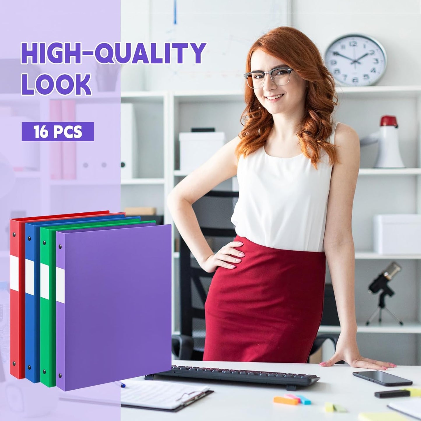 Henoyso 16 Pcs 3 Ring Binder 1/2'' Round Fits Letter Size 8. 5'' x 11'' Paper Plastic Flexible Binder Holds 100 Sheets with 1 Pockets Versatile Organizer for Office Home School (Blue Green Purple Red)