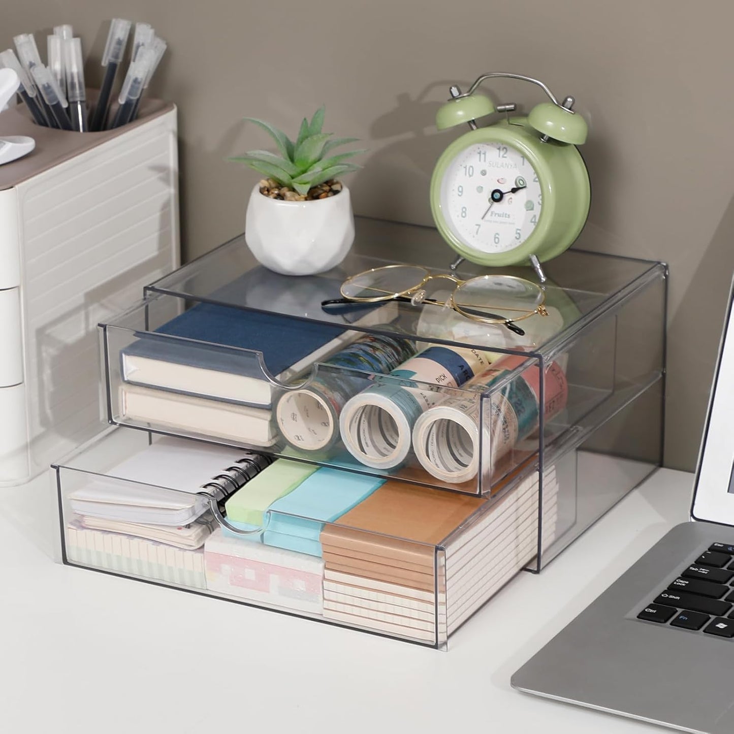 Clear Desk Organizers and Accessories, Plastic Drawer Organizer for Home Office Supplies, Marker Pen, Notebooks, Art Crafts, Stackable Makeup Storage Box for Bathroom Vanity (4 Drawers)