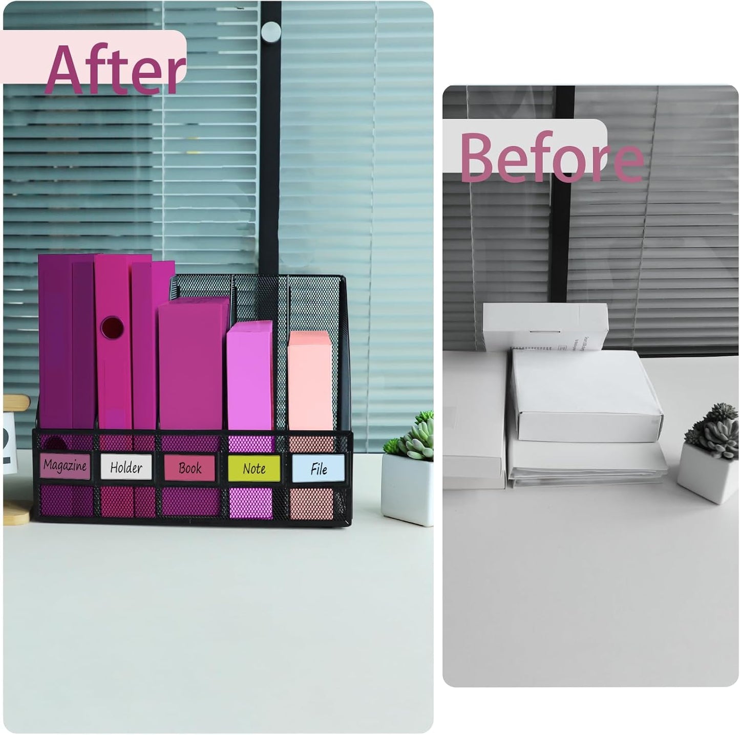 Desk Organizers, Metal Magazine File Holder with 5 Vertical Compartments Rack Binder File Organizer for Office Supplies, Home Workspace - Black