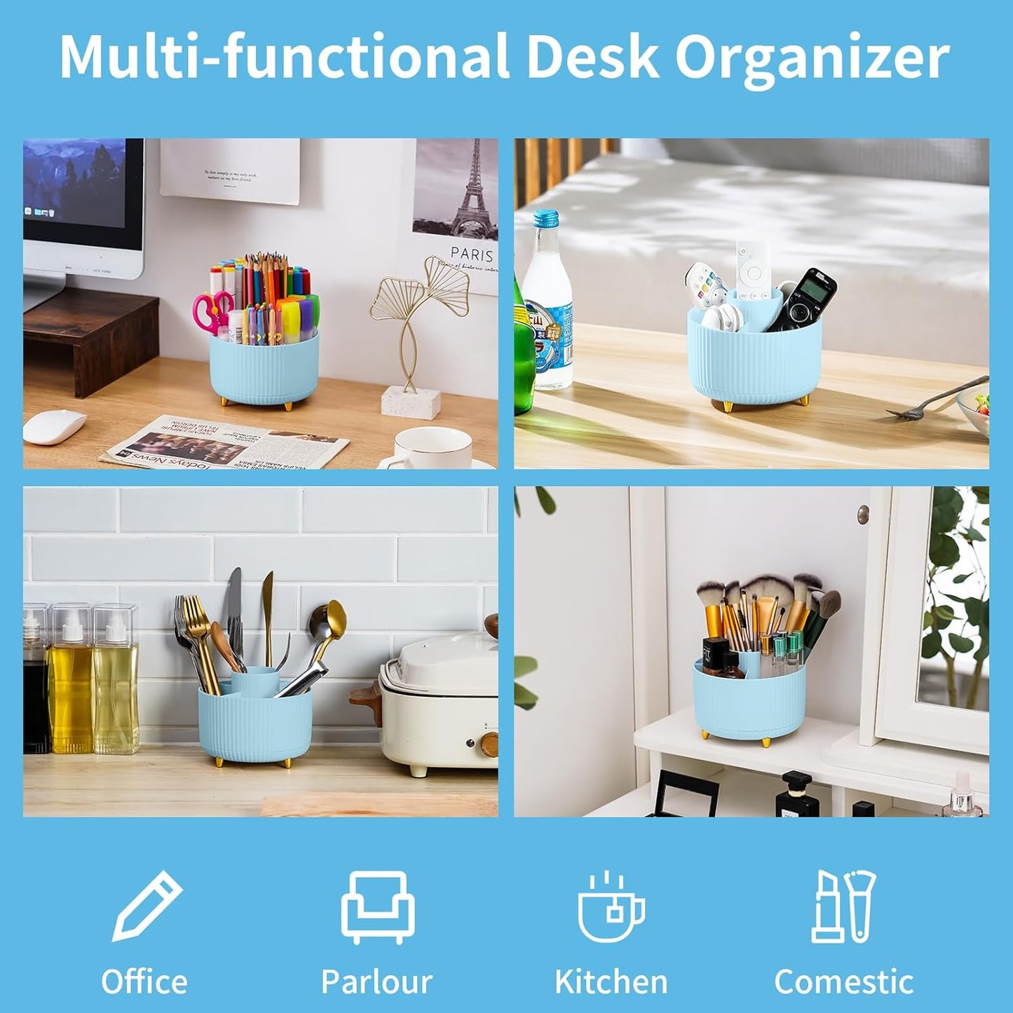 Marbrasse Desk Organizer, 360-Degree Rotating Pen Holder, Desk Organizers and Accessories with 5 Compartments Pencil Holder, Art Supply Storage Box Caddy for Office, Home（Light Blue）