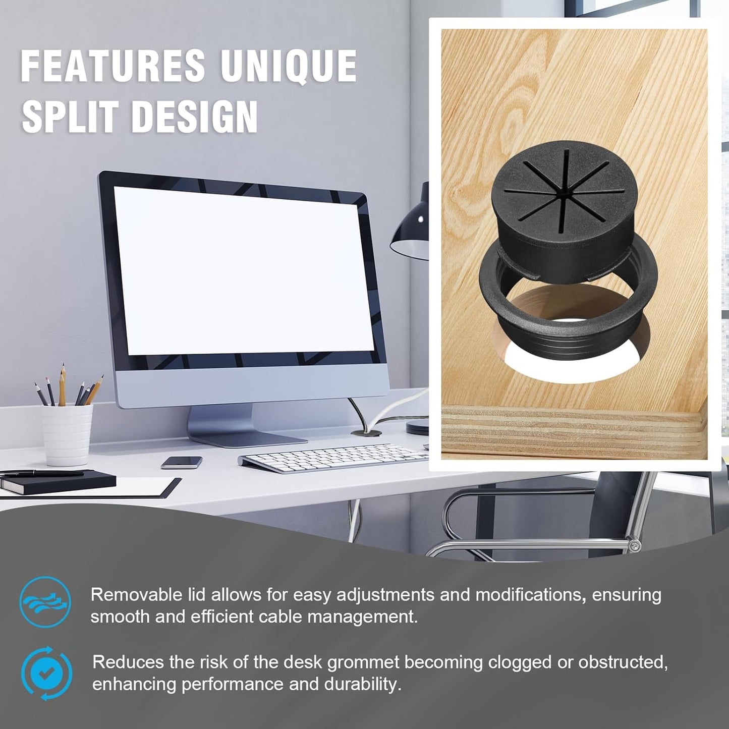 2" Black Desk Grommet, JTemgle Flexible Cable Grommet Plastic Cable Hole Cover Wire Organizer Caps Desktop Cord Management for Home Office TV Stands Tabletops, 10 Pieces