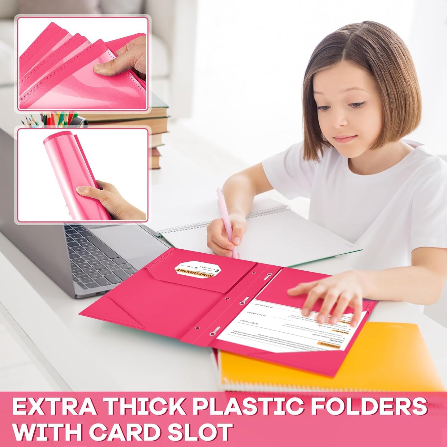 Henoyso 72 Pcs Plastic Folder with Clear Front Pocket and 3 Prong Plastic Folders with Card Slot Pocket Folders with Prongs for School Office (Rose Pink)