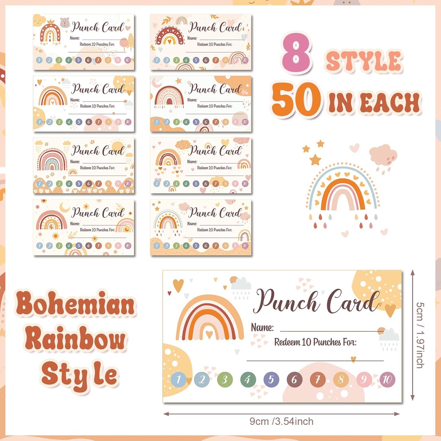 Fumete 400 Pcs Punch Cards for Classroom Reward Cards Behavior Incentive Loyalty Awards for Kids Students Teachers School Business, 8 Styles, 3.5 x 2 in(10 Boho Punches Style)