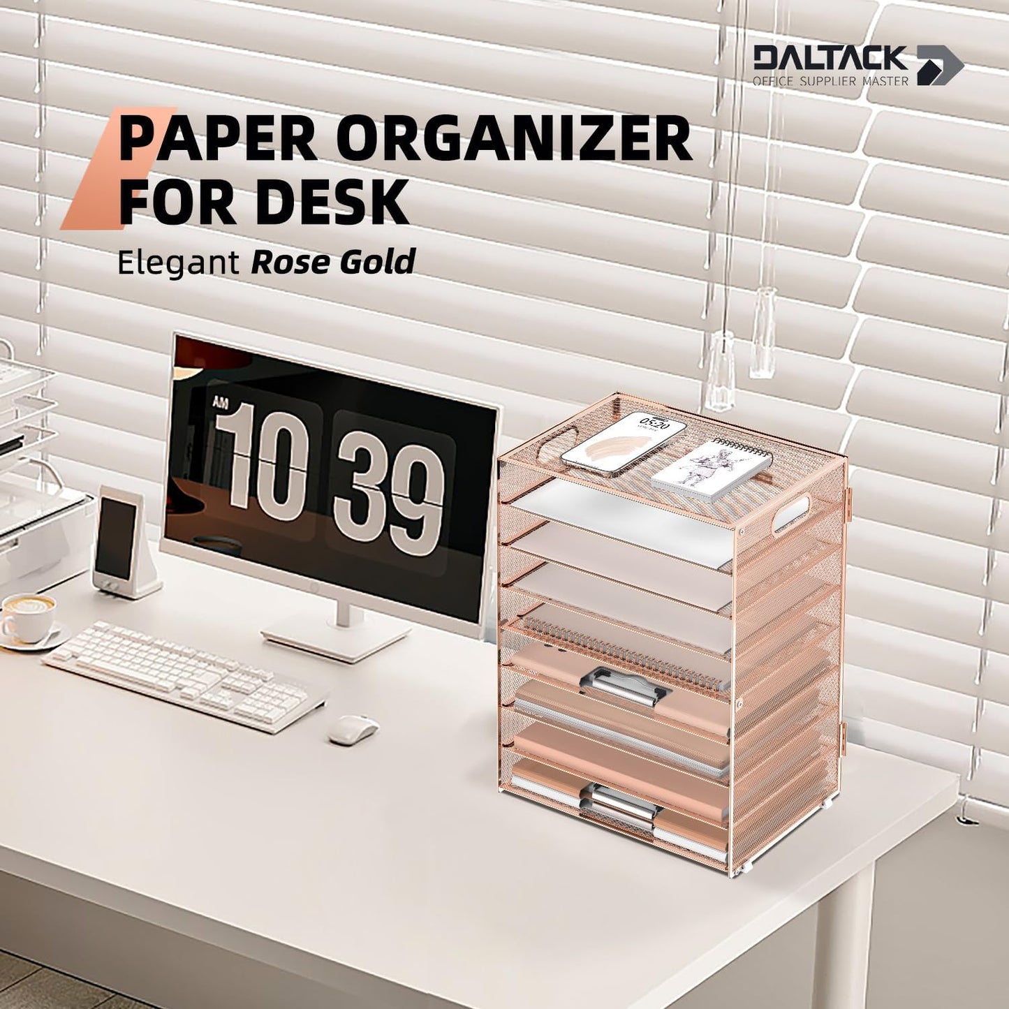 DALTACK 9-Tier Paper Letter Tray Desk Organizer with Handles, Mesh File Holder Organization, File Organizer for Desk Paper Sorter for Office Home School, Gold Rose