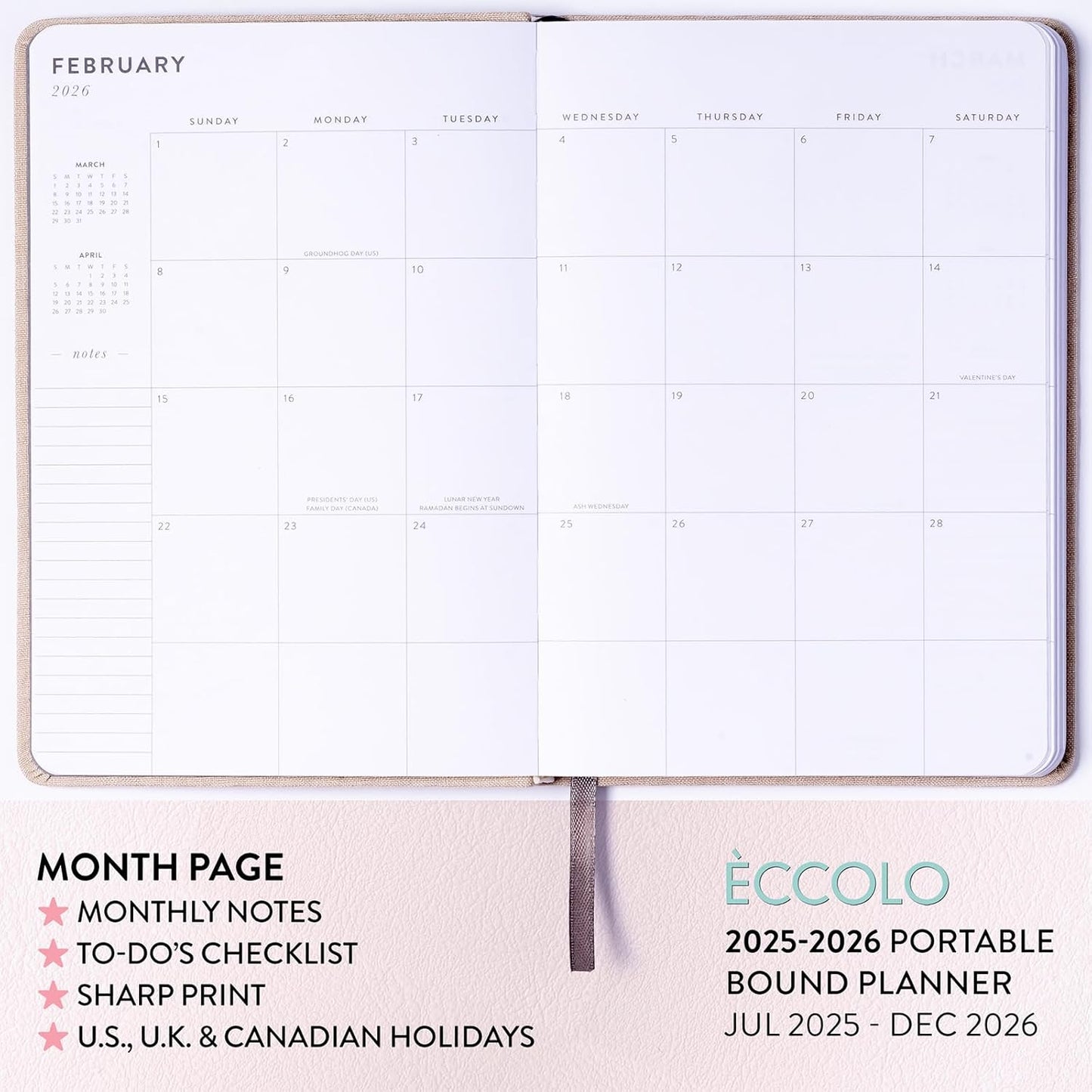 2025-2026 Eccolo 18 Month Linen Bound Planner, Monthly & Weekly Pages (5.25 x 7.75" - July 2025 to Dec 2026 - Delicate Floral)