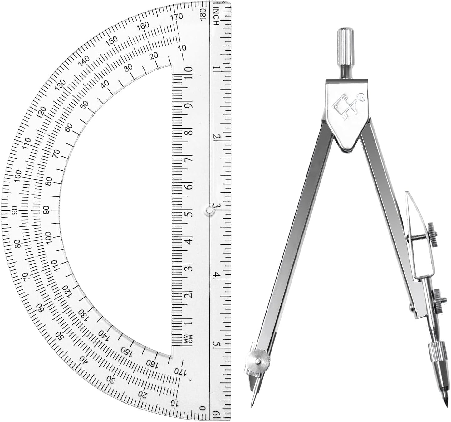 Students Geometry Math Set, Drawing Compass and 6 Inch Transparent Swing arm Protractor 180 Degree Math Protractor (Transparent)