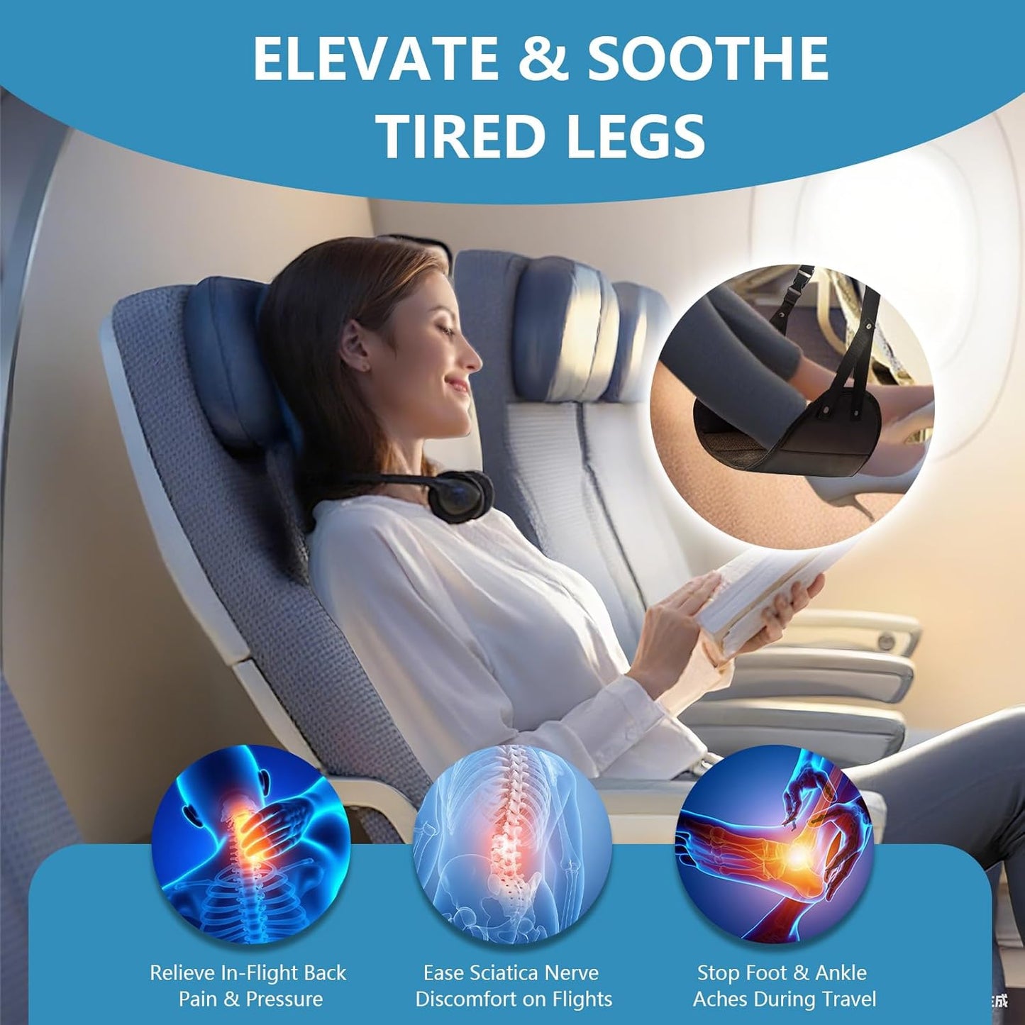 2-Pack Airplane Foot Hammock with Adjustable Strap - Travel Accessories for Ergonomic Foot Rest & Relaxing Feet on Long Flights, Plane, Car and Home Use