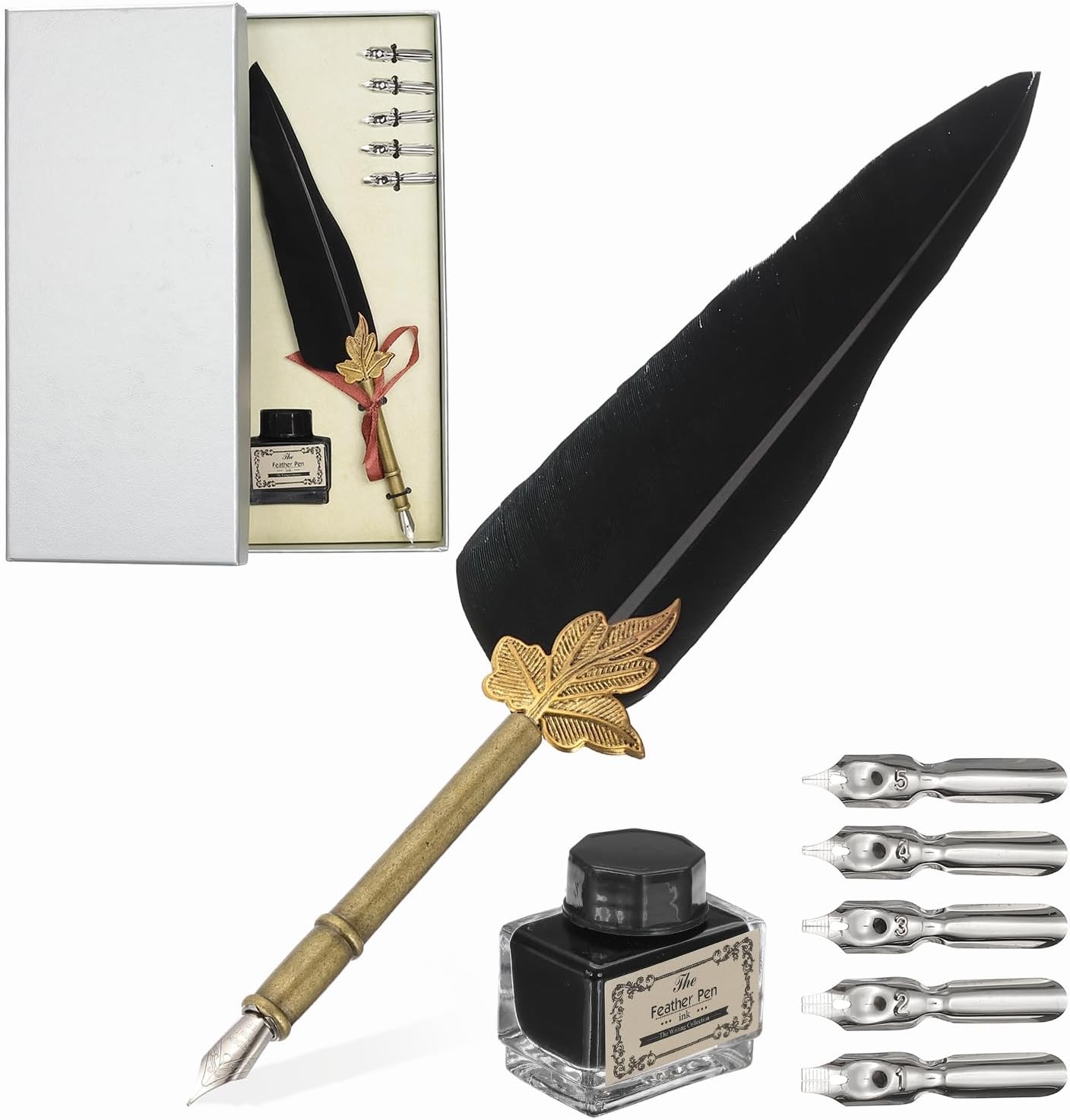 PATIKIL Feather Quill Pen Set, 1 Set Vintage Feather Calligraphy Pen Fountain Dip Pen Set with Ink, Pen Holder and Replacement Nibs for Beginner Writer Writing Gift, Black(Silver Box)