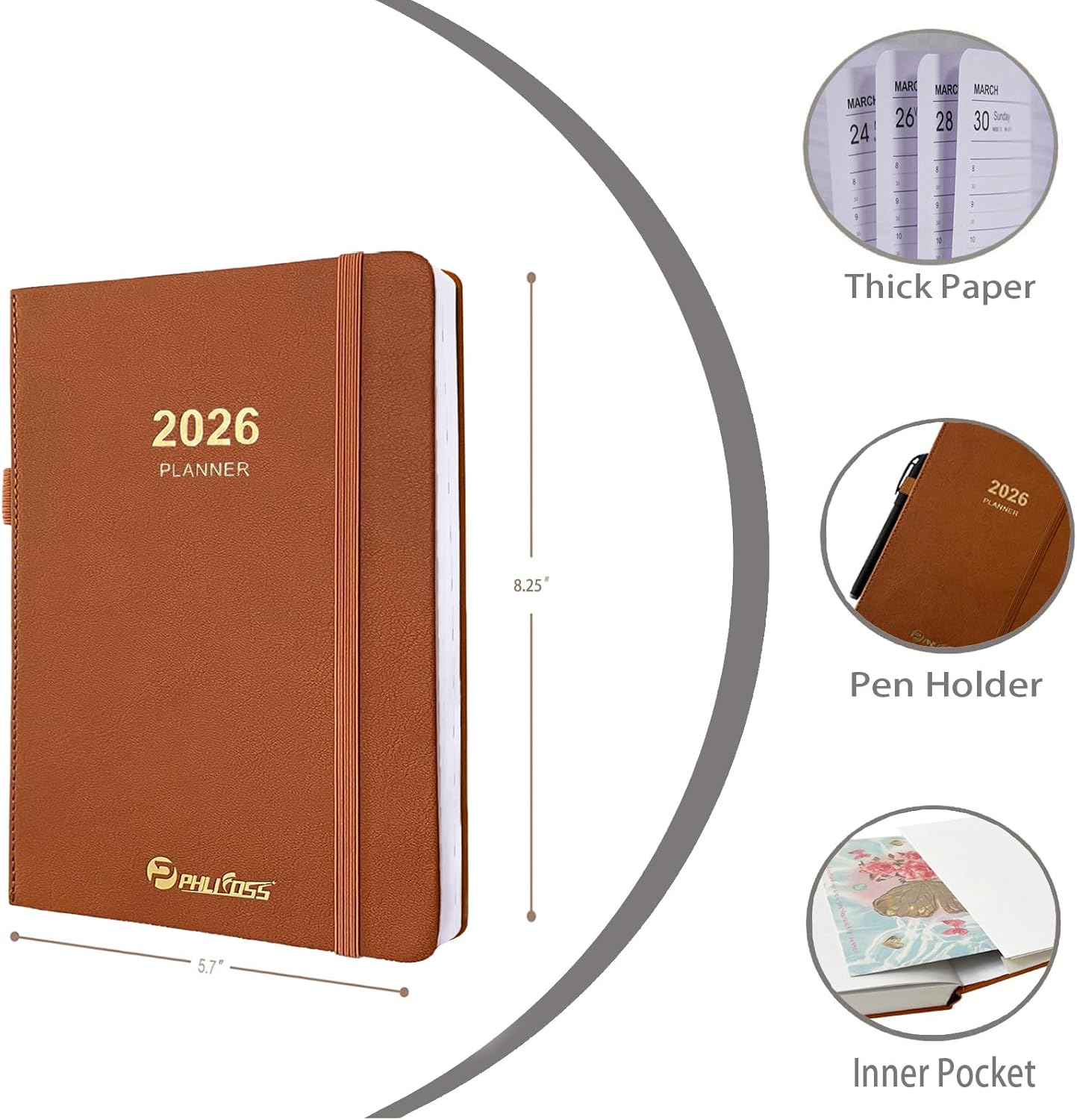 2026 Daily Planner/Calendar, One Page Per Day, Daily Monthly Agenda Planner with Time Slots and Monthly Tabs, Jan - Dec 2026, 5.7" x 8.25" Appointment Book, Pen Holder, Leather Cover (2026-Brown)