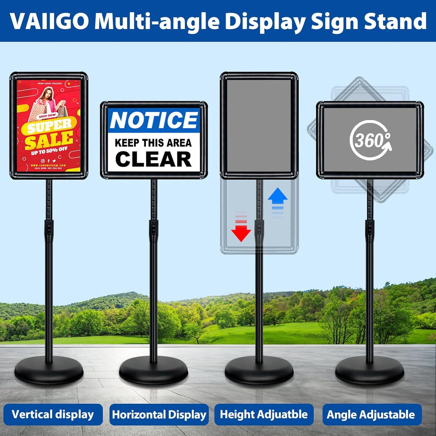 2-Pack 8.5x11 Inch Adjustable Sign Stand & Floor Standing Sign Holder - Pedestal Poster Stand with Vertical & Horizontal View Display for Indoor/Outdoor Business & Store Signage (Black)