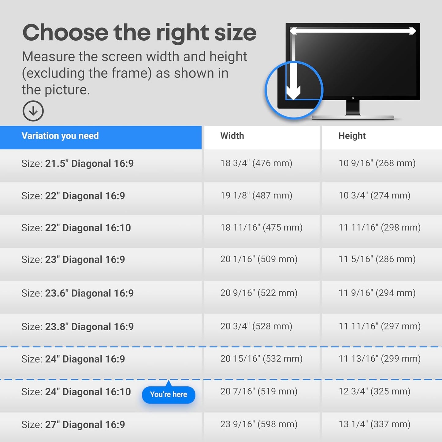 24 inch Anti-Glare Blue Light Blocking Screen Protector Panel for 16:9 Widescreen Computer Monitor and Laptop - PC Anti-UV Eye Protection Filter Film - Anti-Scratch Diagonal Frame Shield [1 Pack]