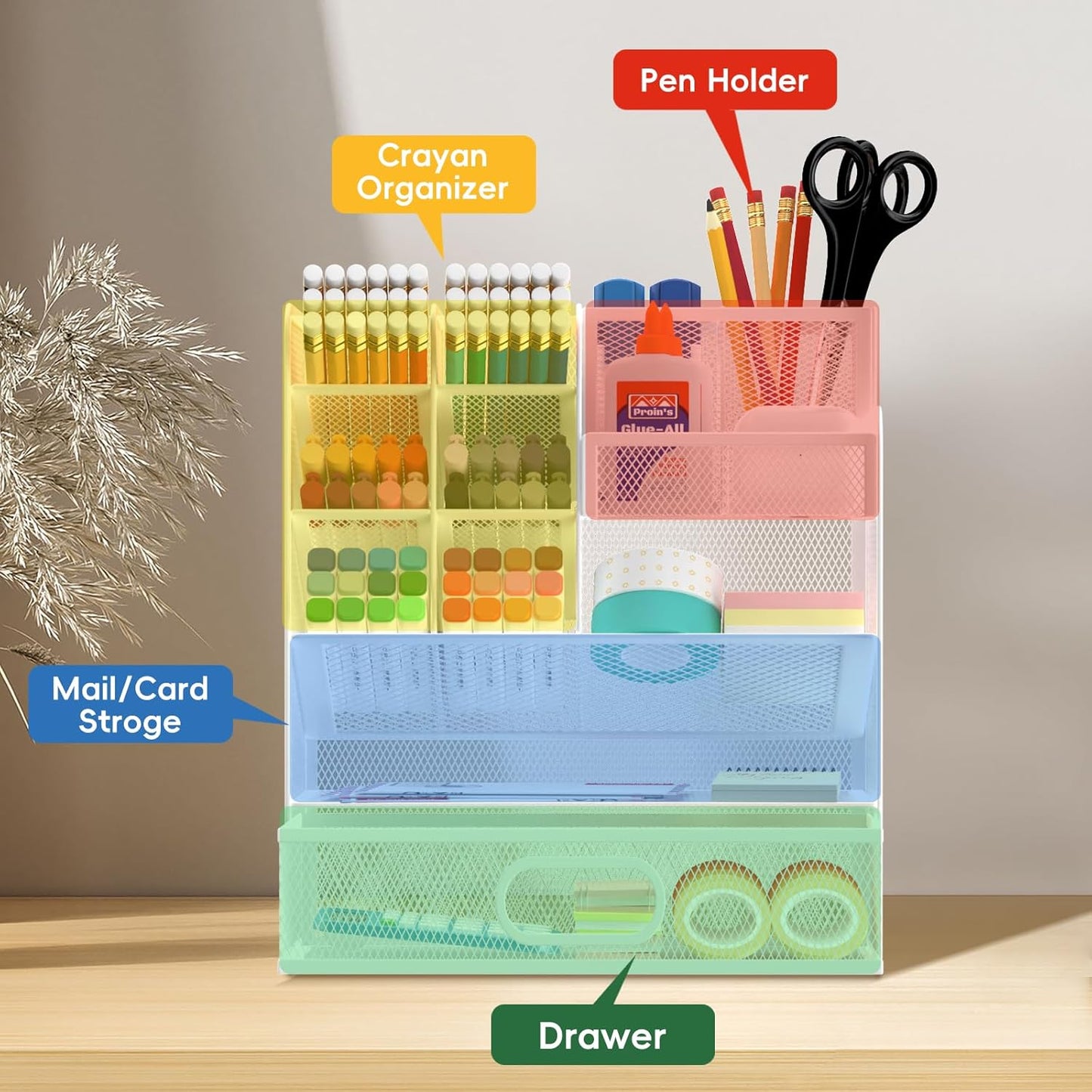 Mesh Pen Organizer for Desk, Multi-Functional Pencil Holder with Drawer Desk Organizers, Large Capacity Storage for School Office Home Supplies (White)