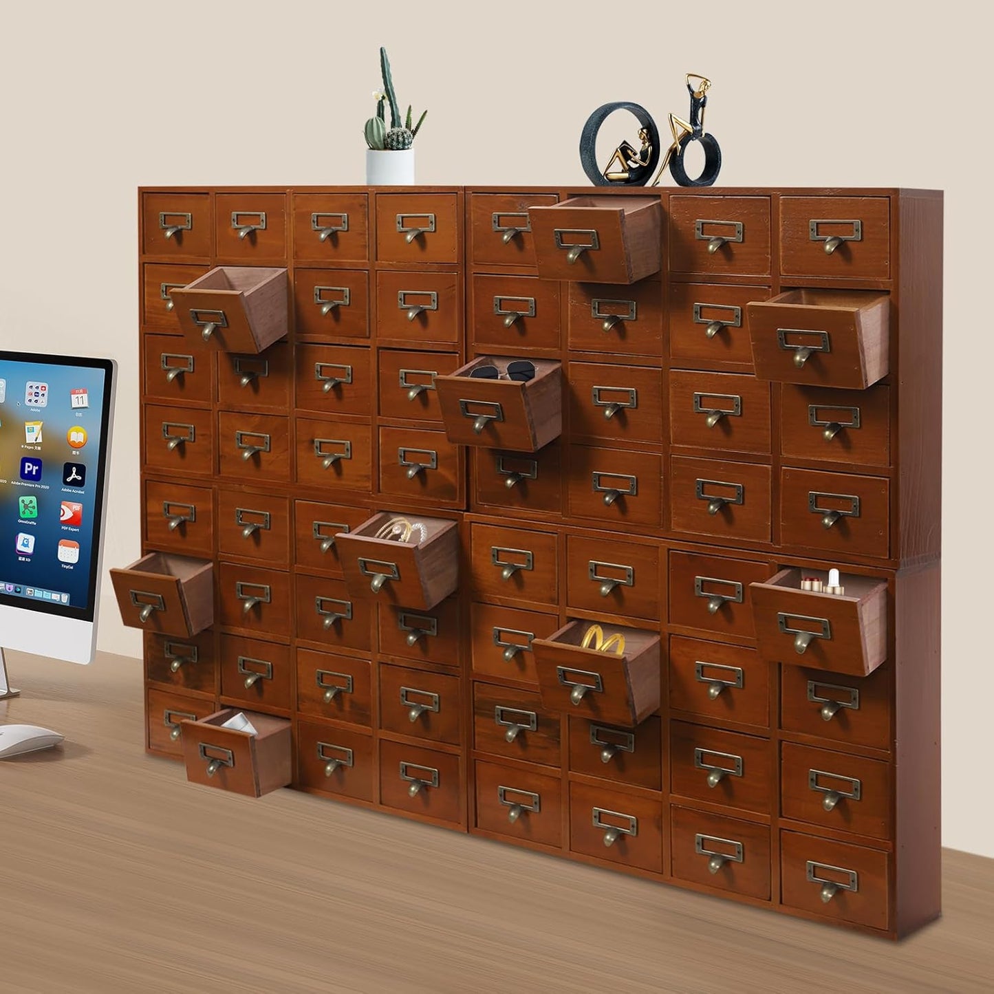 Vintage Drawer Wooden Desk Organizer, 16-Drawer Gift Storage Case Organizer Stand, Iron Label Holders, Brown, For Store Cosmetics, Files, Books, Letters, Papers, Magazines (64-Drawer/Brown)