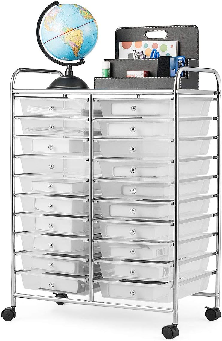 Giantex Storage Drawer Carts, 20-Drawer Organizer, Utility Cart on Wheels, Semi-Transparent Multipurpose Cart for Home Office School Supplies Tools Scrapbook Paper