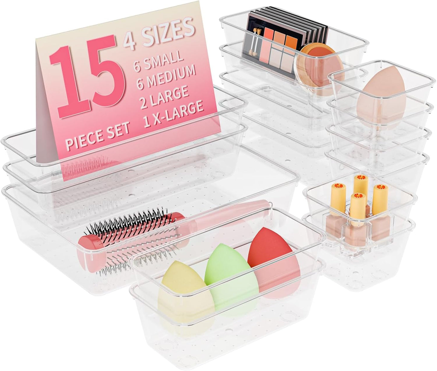 15 PCS Clear Plastic Drawer Organizer Set, 4 Sizes Versatile Bathroom Drawer Organization and Storage Trays, Non-Slip Desk Vanity Storage Bins for Makeup Jewelry Kitchen Utensil Gadget Office