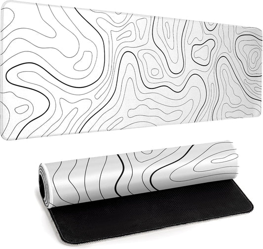 White Big Mousepad for Gaming Large Topographic Map Washable Desk Pad with Stitched Edge Office Supplies and Decor 31.5''x11.8'' Computer Keyboard Protector