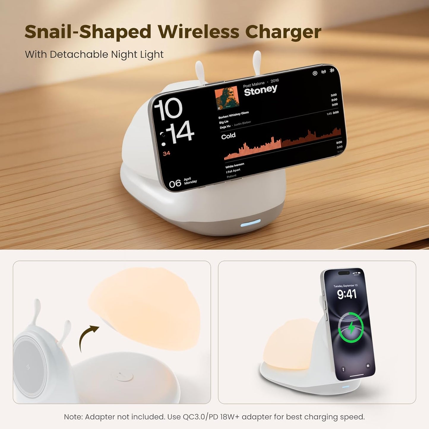 2-in-1 Magnetic Wireless Charger Stand: Cute Snail-Shaped 15W Qi Fast Charging Pad for iPhone 16/15/14/13/12 Pro Max Series & Cordless Tap-to-Light Bedside Night Lamp - (Desktop/Nightstand)