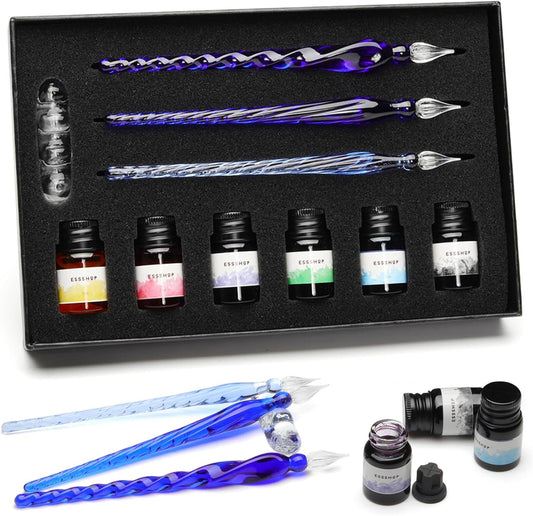 ESSSHOP Glass Pen Calligraphy Set - 3 Blue Crystal Dip Pens Color Ink and Pen Holder Art Supplies Kit for Signatures Beginners Journaling Lettering Drawing Holiday Gift Decoration