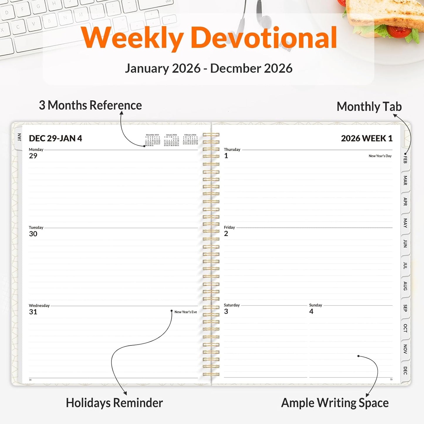 SUNEE Planner 2026 Weekly and Monthly, January 2026-December 2026, 8.5"x11", Tabs, Note Pages,Spiral Binding, Black