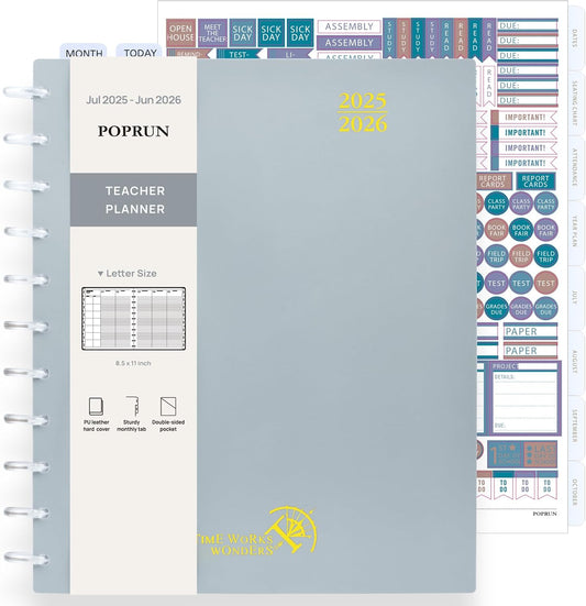 POPRUN Teacher Planner 2025-2026, (Disc-Bound Letter Size - 8.5'' x 11'') Academic Lesson Planner (Jul. 2025 - Jun. 2026) with Monthly Tabs, 2-Sided Pocket, Hardcover for Teachers, Premium Grey