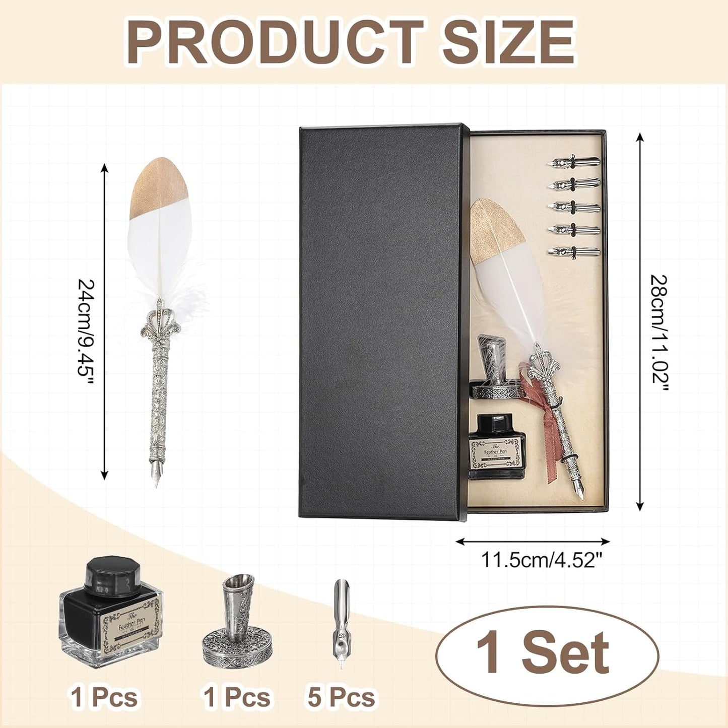 PATIKIL Feather Quill Pen Set, 1 Set Vintage Feather Calligraphy Pen Fountain Dip Pen Set with Ink, Pen Holder and Replacement Nibs for Beginner Writer Writing Gift, White