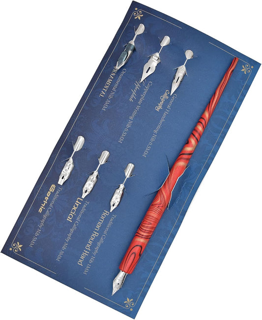 Gullor Wooden Dip Pen Calligraphy Set with Black Ink & 6 Nibs for Beginners, Kids, Writing, Signatures and Drawing, Red