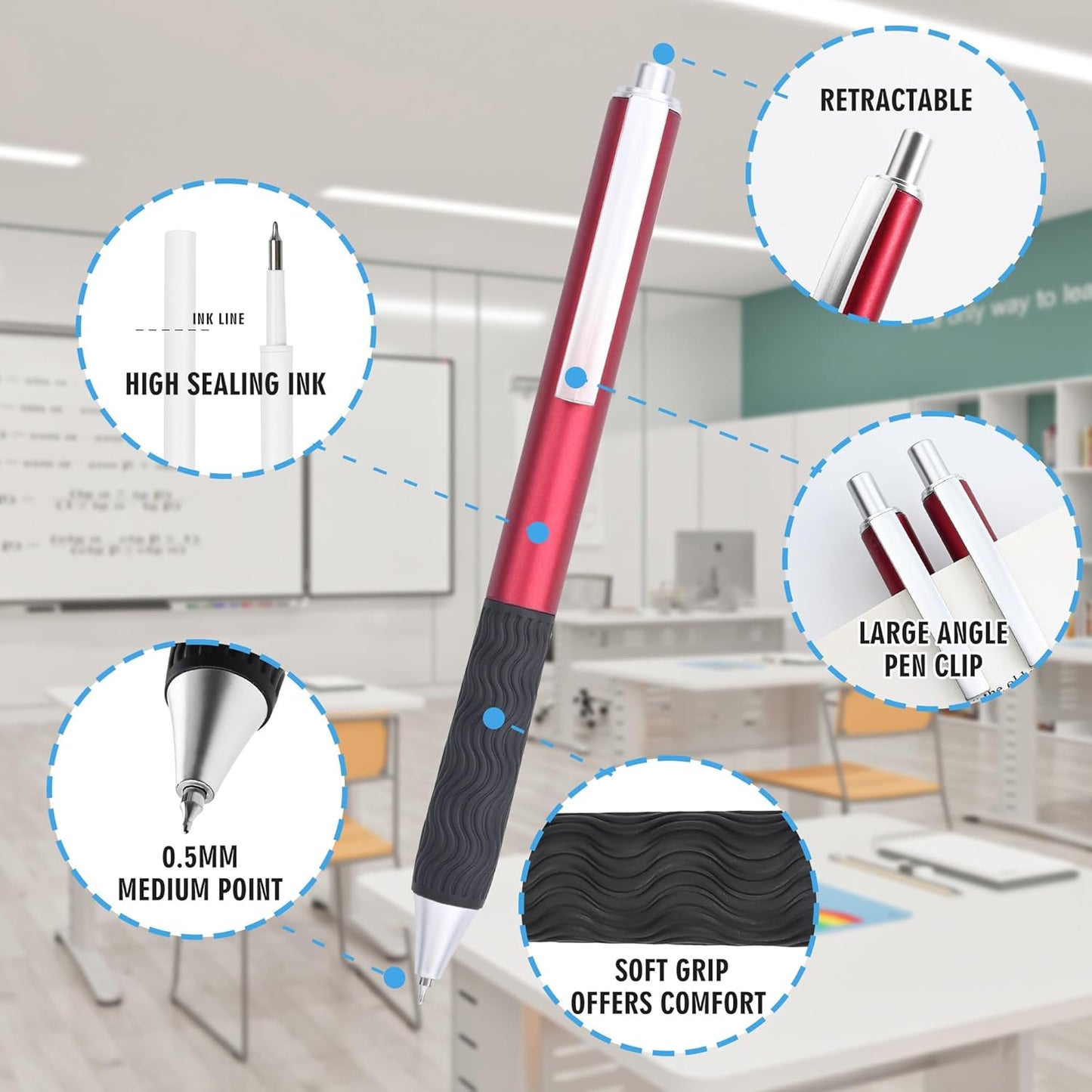 HZIDYAKE Gel Pens Bulk, 50 Black Ink Gel Pens, Smooth Writing Without Losing Ink, 0.5mm Fine Tip for Schools, Offices, Nurses Notes Office Supplies (Red Body)