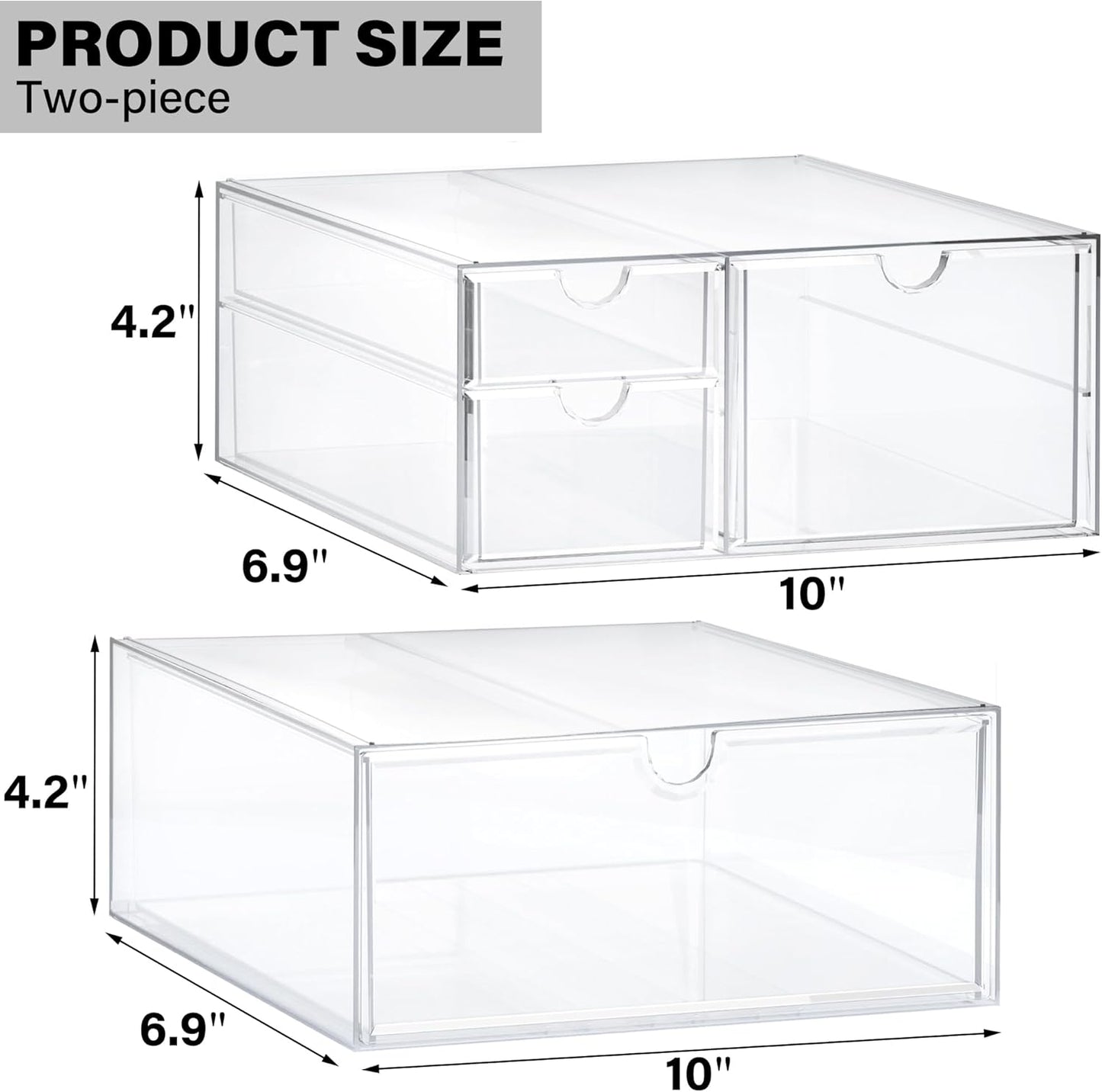 Prsildan Acrylic Drawer Makeup Organizer with 4 Drawers, Set of 2 Office Desk Organizers Accessories, Clear Stackable Storage Drawers for Vanity, Countertop, Craft, Jewelry, Art Supply Organization